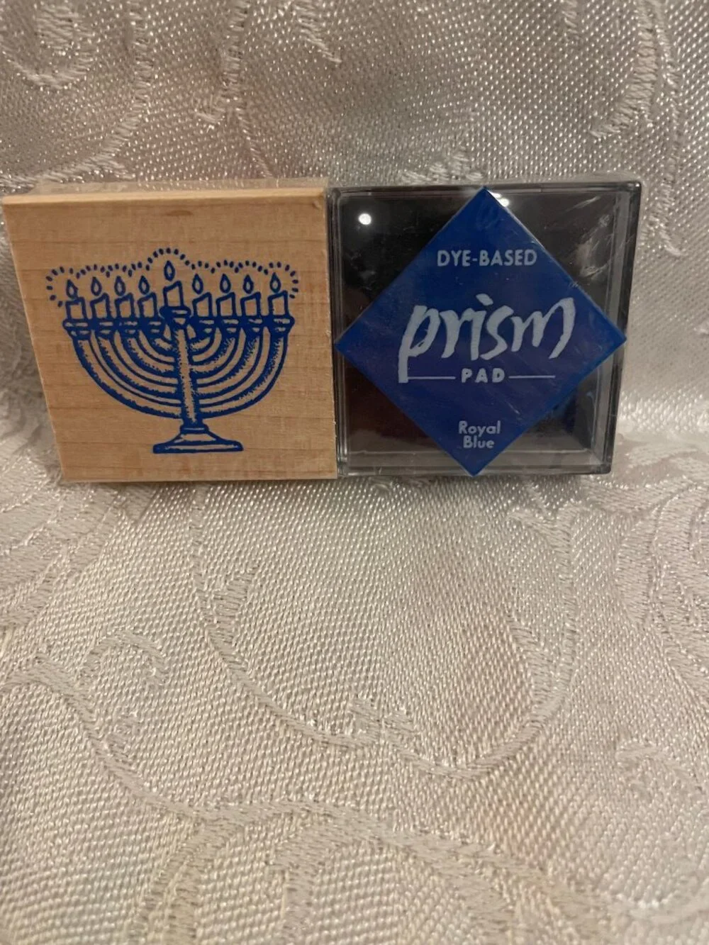 1996 Rubber Stampede Menorah Stamp with Wood Top  Royal Blue Prism Ink Pad Set